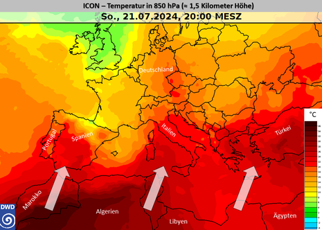 Kartenausschnitt zeigt Europa und Nordafrika. Dargestellt ist die Temperatur in rund 1,5 Kilometern Höhe am Sonntag, den 21. Juli 2024. Die Pfeile verdeutlichen heiße Luftmassen, die aus Nordafrika nach Südeuropa geführt werden. (Quelle DWD)