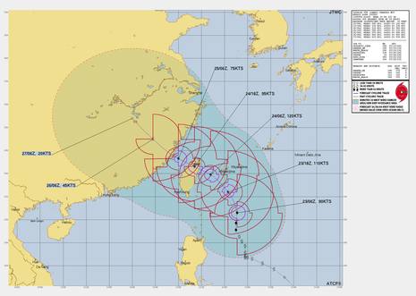 Zugbahn, betroffene Gebiete und Windgeschwindigkeit des Taifuns „GAEMI“ (Quelle https://www.metoc.navy.mil/jtwc/products/wp0524.gif)