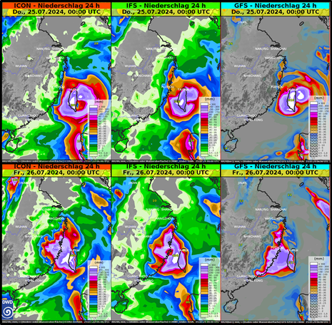 Niederschlagsmengen für Mittwoch, den 24.07.2024 und Donnerstag, den 25.07.2024 in Teilen Chinas und in Taiwan (Quelle DWD)