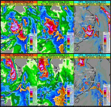 Niederschlagsmengen für Freitag, den 26.07.2024 und Samstag, den 27.07.2024 in Teilen Chinas und in Taiwan (Quelle DWD)