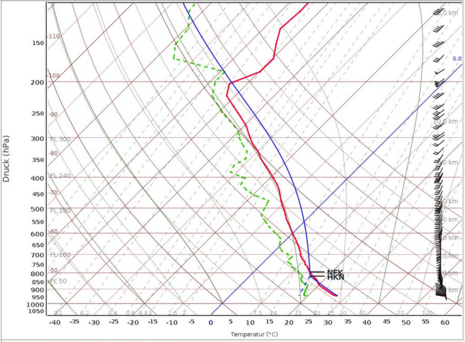 Abbildung 3: Skew-T-log-p Diagramm nahe des Gewitters über Norditalien