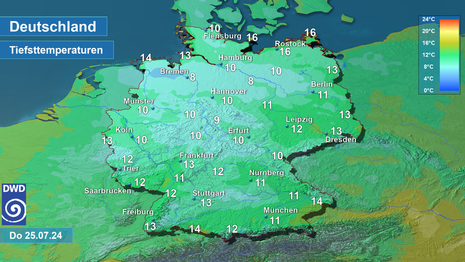 Tiefstwerte in der vergangenen Nacht zum Do, den 25.07.2024 (Quelle DWD)