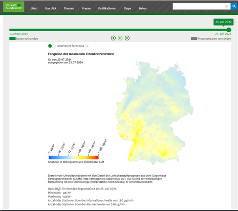 Kartendarstellung Ozonverteilung Deutschland vom Do, 25.07.2024 (Quelle Umweltbundesamt)