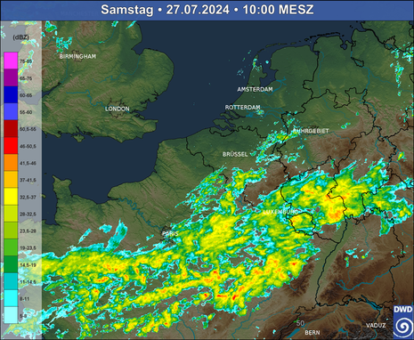 Radarbild (EuCom) für Teile Frankreichs, Deutschlands und Englands sowie Benelux mit Niederschlägen im Umfeld der Luftmassengrenze. (Quelle DWD)