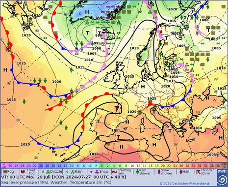 Prognostizierte Wetterlage für Montag, 29. Juli, 2 Uhr mit Hoch HALIL über Deutschland und Benelux und tiefen Luftdruck über der Iberischen Halbinsel. (Quelle DWD)