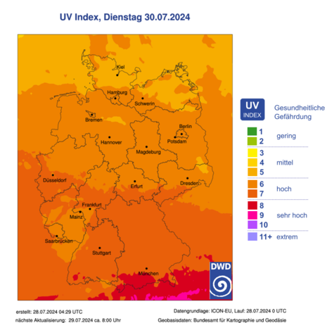 Diese Grafik zeigt den UV-Index für Dienstag, den 30.07.2024.