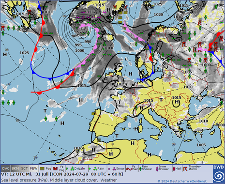 Kartenausschnitt Europa und Nordatlantik mit Vorhersage von Druckgebilden, Fronten, Wolken und Wetter für Mittwoch, den 31.07.2024 14 Uhr (Quelle DWD)