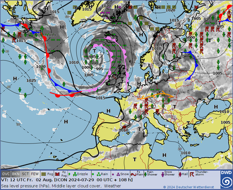 Kartenausschnitt Europa und Nordatlantik mit Vorhersage von Druckgebilden, Fronten, Wolken und Wetter für Freitag, den 02.08.2024 mittags (Quelle DWD)