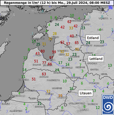 Kartendarstellung der zwölfstündigen Regenmenge im Baltikum in der Nacht zum 29.07.2024 (Quelle Deutscher Wetterdienst)