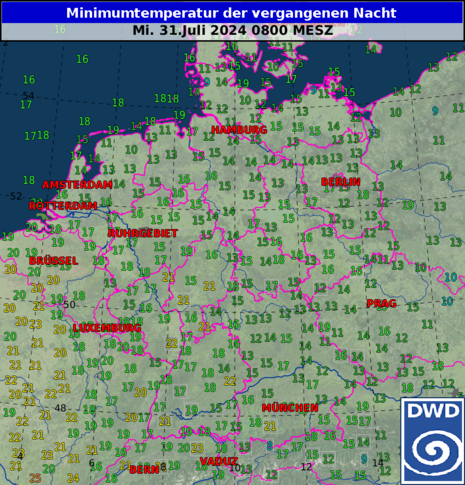 Messwerte Minimumtemperaturen: Nacht vom 30. auf den 31.07.2024 (Quelle Deutscher Wetterdienst)