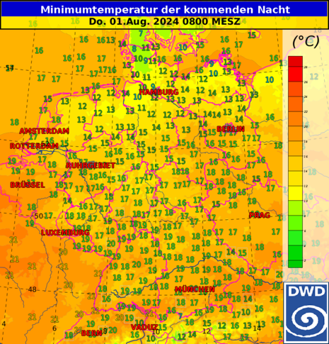 Prognose Minimumtemperaturen der Nacht auf den 01.08.2024 (Quelle Deutscher Wetterdienst)