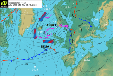 Druck- und Frontenvorhersage für Europa und den Nordatlantik sowie bodennahe Strömung (Pfeile) (Quelle UK MetOffice )