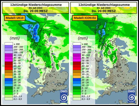 12stündige Niederschlagssumme für Großbritannien bis 20 Uhr MESZ; links: Modell UK10, rechts: DWD-Modell ICON-EU