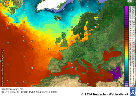 aktuelle Wassertemperatur in Europa, Stand: 05.07.2024 (Quelle Deutscher Wetterdienst)