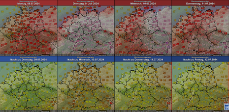 Höchst- und Tiefsttemperaturen von Montag, den 08.07.2024 bis zur Nacht zum Freitag, den 12.07.2024. (Quelle DWD)