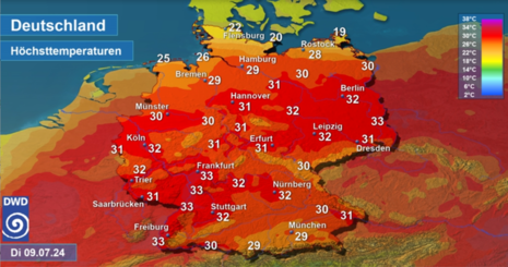 Temperaturhöchstwerte am 09.07.2024 (Quelle DWD)