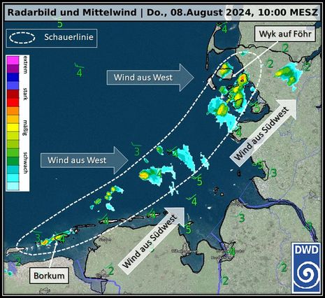 Abb 1: Radarbild und Mittelwind in Beaufort am 08.08.2024 um 10 Uhr (Quelle DWD - Deutscher Wetterdienst)