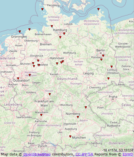 Abb 2: Räumliche Verteilung der 27 bisher in 2024 in Deutschland bestätigten Tornados. (Quelle ESWD - European Severe Storms Laboratory(ESSL))