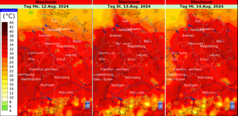 Vorhersage der Höchsttemperatur von Montag, 12.08.2024 bis Mittwoch, 14.08.2024 (Quelle DWD - Deutscher Wetterdienst)