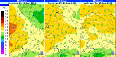 Vorhersage der Tiefsttemperatur ab der Nacht zum Dienstag, 13.08.2024 bis zur Nacht zum Donnerstag, 15.08.2024 (Quelle DWD - Deutscher Wetterdienst)