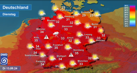 Abb 1: Wettervorhersage sowie Vorhersage der Tageshöchsttemperaturen in Deutschland am Dienstag, den 13.08.2024 (Quelle DWD - Deutscher Wetterdienst)