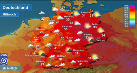 Abb 2: Wettervorhersage sowie Vorhersage der Tageshöchsttemperaturen in Deutschland am Mittwoch, den 14.08.2024 (Quelle DWD - Deutscher Wetterdienst)