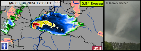 Auf der Grafik sieht man zum einen das Radarbild zum Zeitpunkt des Ereignisses und zum anderen den gefilmten Tornado bei Philippsburg. (Quelle DWD - Deutscher Wetterdienst(Jannick Fischer))