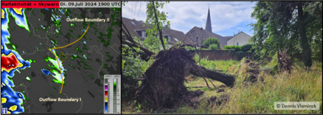 Auf der Grafik sieht man zum einen das Radarbild mit den Outflow Boundaries zum Zeitpunkt des Ereignisses und zum anderen ein Schadensbild aus Alt Kaster. (Quelle DWD - Deutscher Wetterdienst(Dennis Vlaminck))