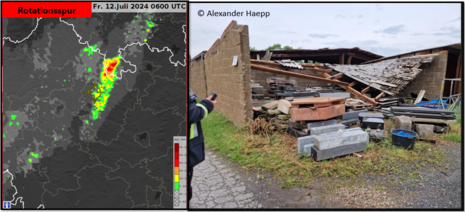 Auf der Grafik sieht man zum einen die aus dem Radarbild abgeleitete Rotationsspur zum Zeitpunkt des Ereignisses und zum anderen ein Schadensbild aus der Region. (Quelle DWD - Deutscher Wetterdienst(Alexander Haepp))