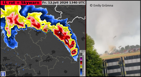 Auf der Grafik sieht man zum einen das Radarbild zum Zeitpunkt des Ereignisses und zum anderen Standbild aus einem Video, welches den Tornado bei Telgte zeigt. (Quelle DWD - Deutscher Wetterdienst(Emily Grümna))