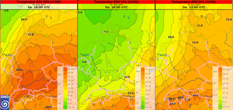 Temperatur 850 hPa: gestern, heute und am Donnerstag (ICON) (Quelle DWD - Deutscher Wetterdienst)