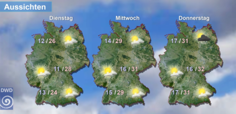 Vorhersage Dienstag bis Donnerstag (Quelle DWD - Deutscher Wetterdienst)