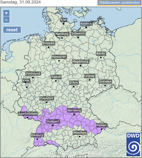 DWD-Warnkarte zeigt gebietsweise Hitzewarnungen vom Passauer Raum, dem Schwarzwald und dem Bodensee bis ins Saarland.