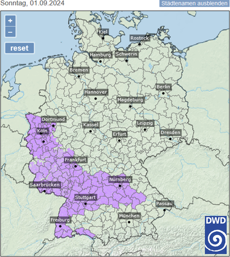 DWD-Warnkarte mit Hitzewarnungen für den morgigen Sonntag, den 01. September 2024.