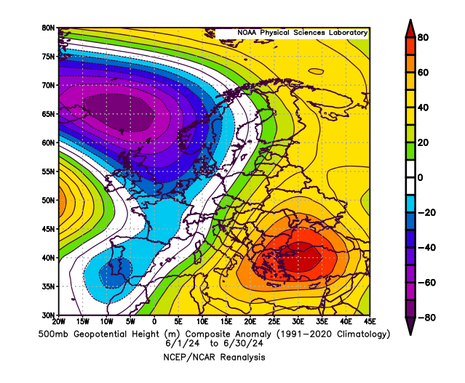 Diese Grafik zeigt die Anomalie des Geopotentials für den Monat Juni für Europa. Quelle: NCEP/ NCAR