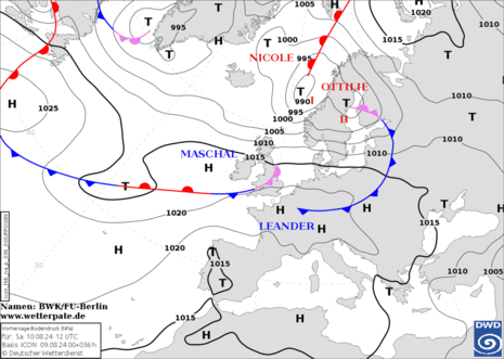 Wetterlage für Europa am Sa, 10. August 2024 mit Hoch LEANDER über Frankreich und Tief OTTILIE über Schweden. (Quelle VBZ-DWD)