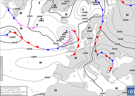 Vorhersagekarte für die Druckverteilung und die Lage der Frontensysteme am Samstag, den 14.09.2024 um 12 UTC. (Quelle Deutscher Wetterdienst)