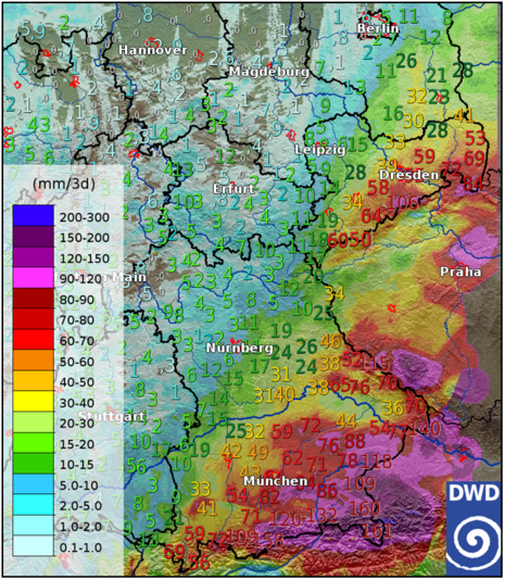 Gemessene 72-stündige Niederschlagsmengen im Südosten Deutschlands bis Sonntag, 15.09.2024, 06 UTC (Quelle DWD)