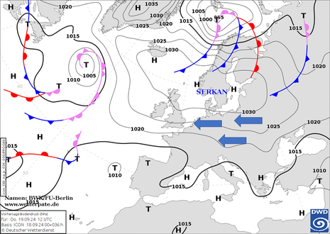 Frontenvorhersagekarte für Donnerstag 19.09.2024, 12:00 UTC (14:00 MESZ)