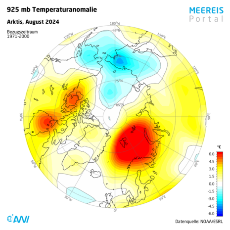 Farblich abgestufte Temperaturanomalie auf dem Druckniveau 925 mb (bzw. hPa) in der Arktis im August 2024 (Quelle Meereisdaten stammen von www.meereisportal.de)