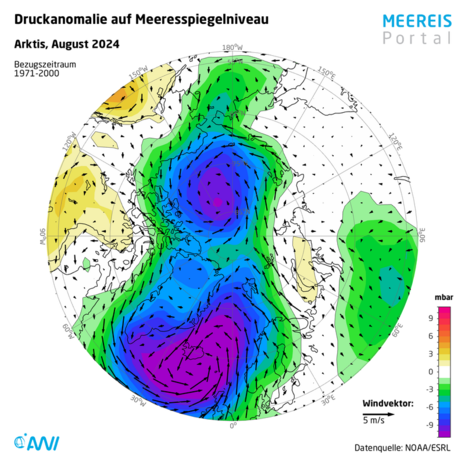 Farblich abgestufte Druckanomalie auf Meeresspiegelniveau und mittlere Windvektoren in der Arktis im August 2024 (Quelle Meereisdaten stammen von www.meereisportal.de)