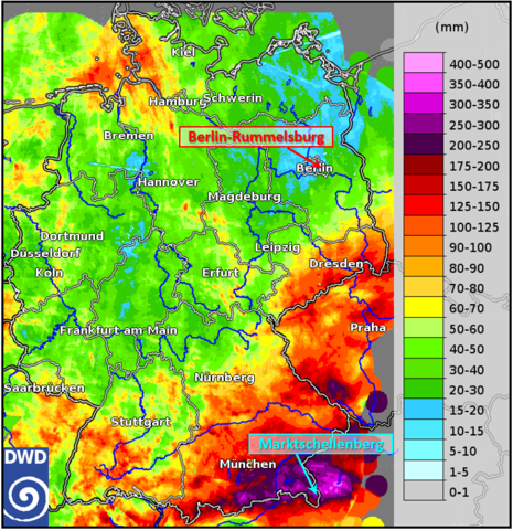 Radar-basierte und an Messstationen angeeichte Niederschlagsmenge bis zum 21. September (06 UTC). (Quelle Deutscher Wetterdienst)