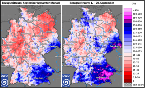 Prozentualer Anteil der gefallenen Niederschlagsmengen im Vergleich zum vieljährigen Mittel. (Quelle Deutscher Wetterdienst)