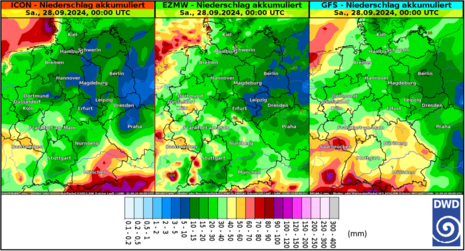 Vorhergesagte Niederschlagsmengen bis 28. September 2024 (Quelle Deutscher Wetterdienst)