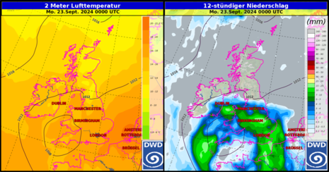 Modell-Prognose der Lufttemperatur und 12-stündiger Niederschlag für die Britischen Inseln. (ICON-13: Modelllauf 22.09.2024 06 UTC) Quelle: DWD