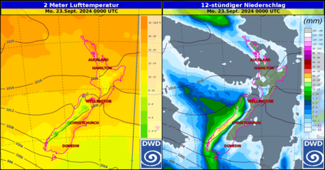 Modell-Prognose der Lufttemperatur und 12-stündiger Niederschlag für Neuseeland. (ICON-13: Modelllauf 22.09.2024 06 UTC) Quelle: DWD