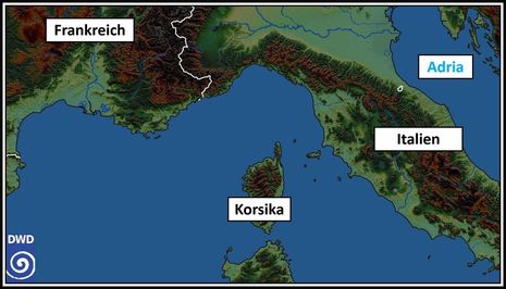 Ein Ausschnitt der komplexen Topografie des westlichen/zentralen Mittelmeers. (Quelle Deutscher Wetterdienst)