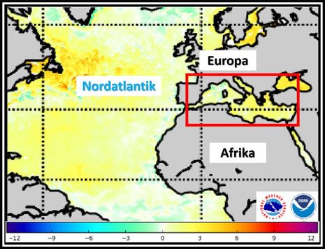 Aktuelle Abweichungen der Wassertemperatur des Mittelmeers. (Quelle NOAA und NWS)