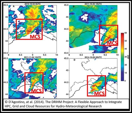 Vier Beispiele von langlebigen Gewittergebieten mit heftigen Regenfällen. (Quelle D’Agostino et al. (2014))