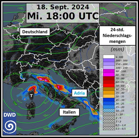 Eine Übersicht der Wetterlage. Grün das Geopotenzial in 500 hPa (inklusive Wind) sowie bunt die 24-std. Niederschlagsmengen bis zum 18.09.24 um 18UTC. (Quelle Deutscher Wetterdienst)